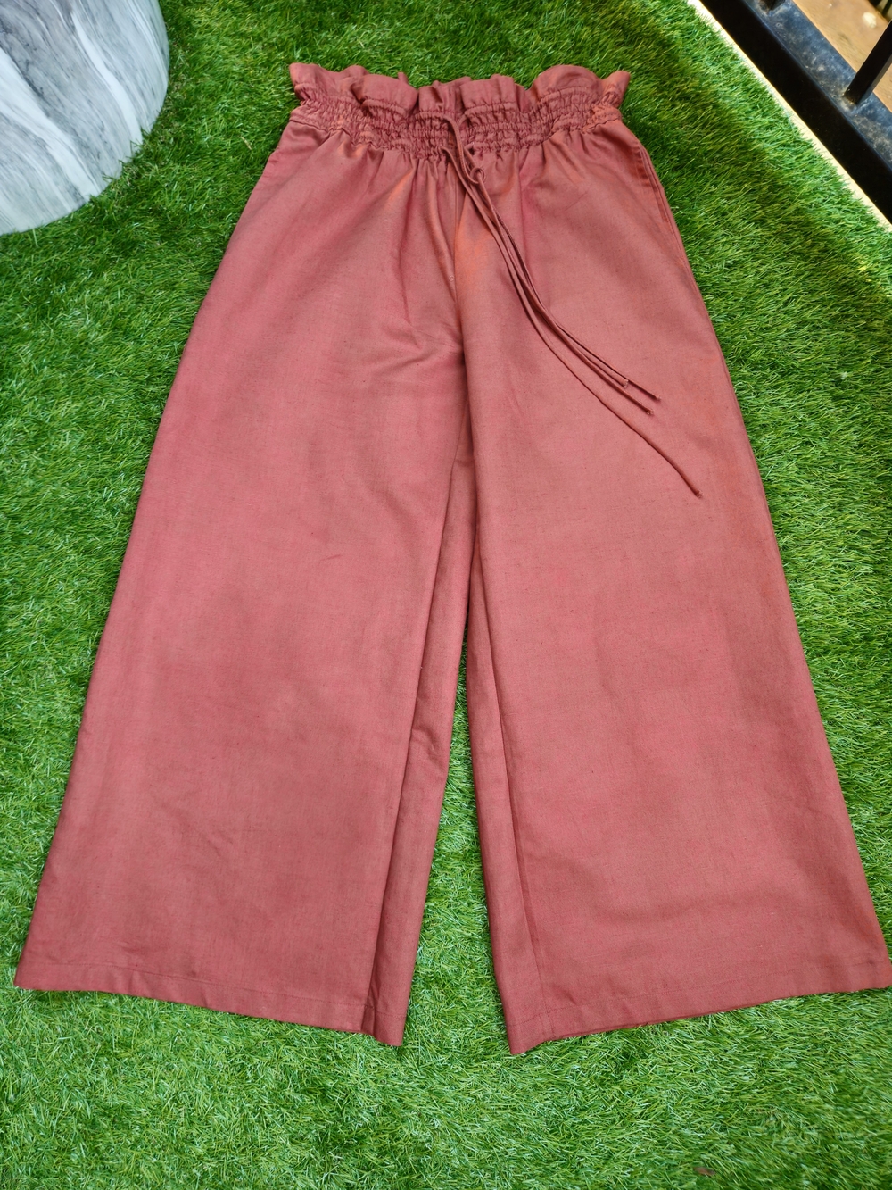 NWOT Anthropologie Cotton Linen Rust-Red Paperbag Waist Wide Leg Pants XXS India